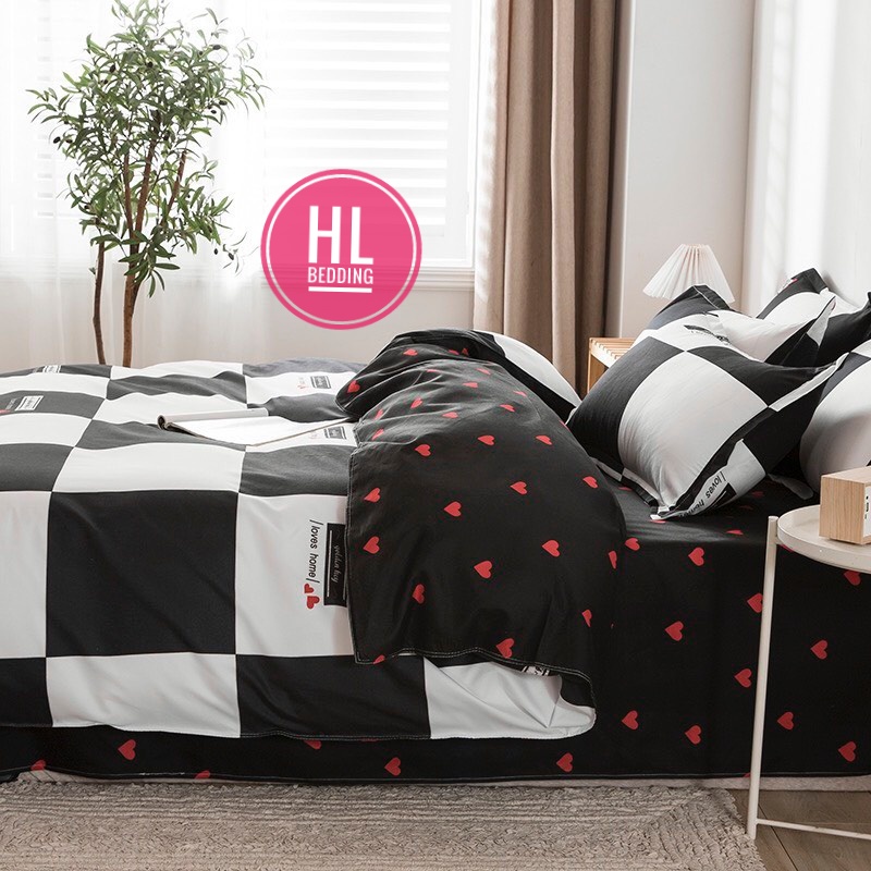 Bộ chăn ga gối Cotton poly HL bedding, vỏ chăn mền, drap ga giường và 2 vỏ gối - PL Tim caro đen trắng