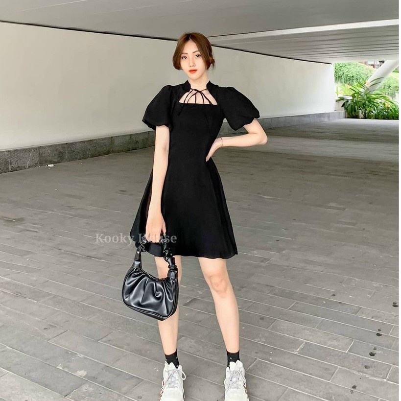 Váy đầm nữ dáng xòe dây ngựcRUBY HOUSE86 buộc dây, có 2 màu Đen, Trắng, khóa kéo sau