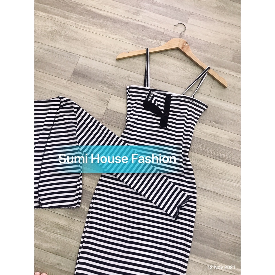 Đầm body hai dây họa tiết kẻ sọc + kèm áo khoác tay dài (có BIGSIZE 65 - 80KG) | BigBuy360 - bigbuy360.vn