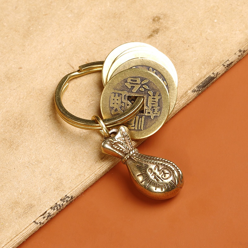 Móc Khóa Trang Trí Phong Thủy Bằng Đồng Thau Ngũ Hoàng ᴛɪềɴ Phối,Quả Bầu,Túi ᴛɪềɴ