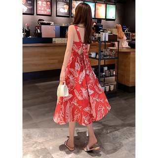 Váy 2 dây hoa xòe hở lưng buộc nơ eo sau freesize<53kg
