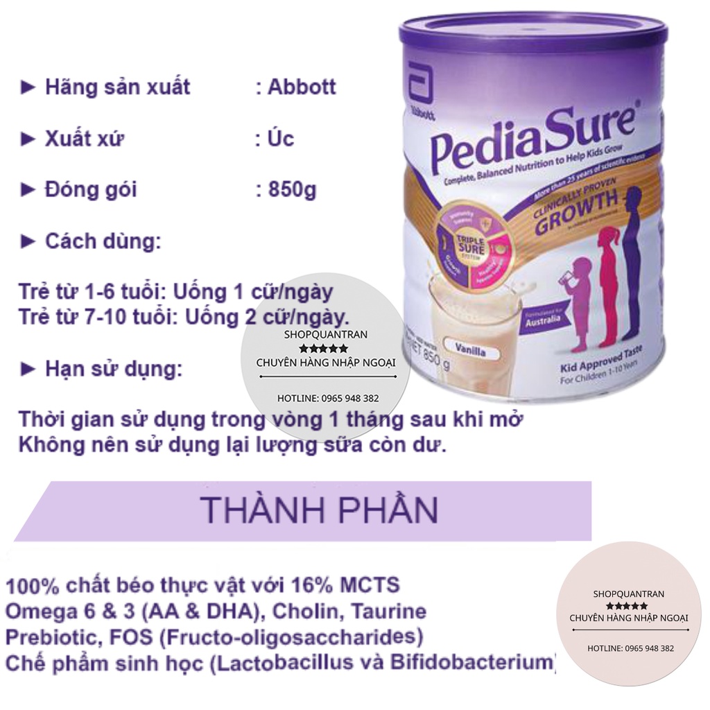 Sữa Pediasure Úc Hộp 850G (Date mới 2022) Hương Vanilla Chính Hãng Giá Tốt