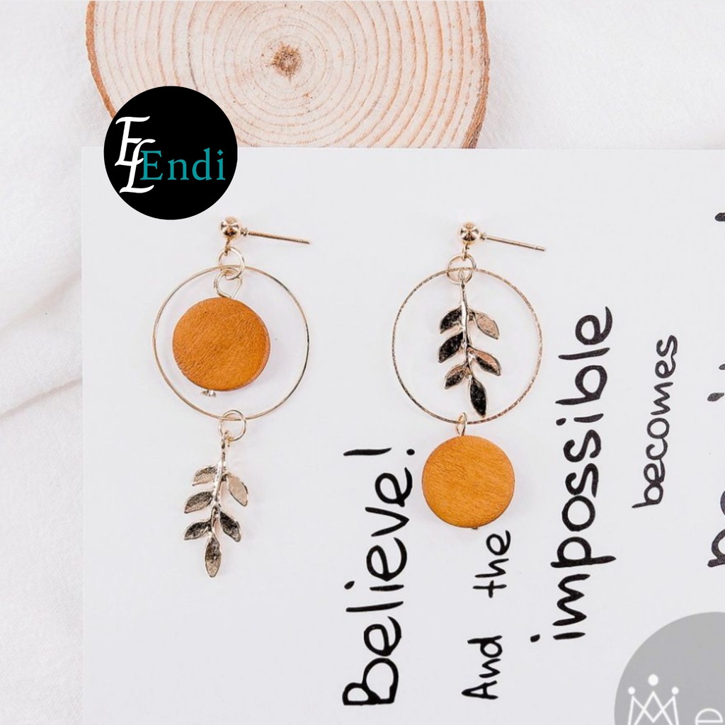 Bông tai Hoa tai gỗ hình lá khuyên tròn Vintage Retro - ENDI - PB008