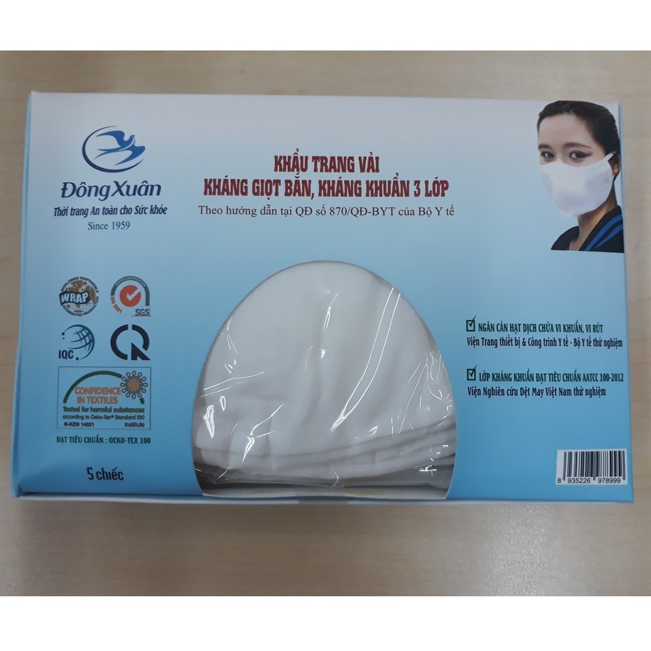 Khẩu trang vải 3 lớp kháng giọt bắn, kháng khuẩn Dệt Kim Đông Xuân (5 cái/1 hộp) | BigBuy360 - bigbuy360.vn