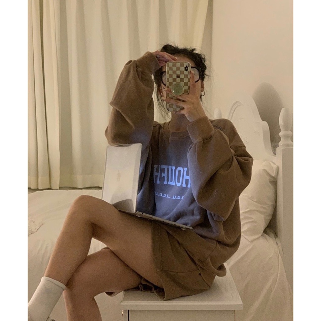 Bộ áo nỉ bông Ohto quần short - set nỉ nữ và quần short 2 màu NÂU | ĐEN