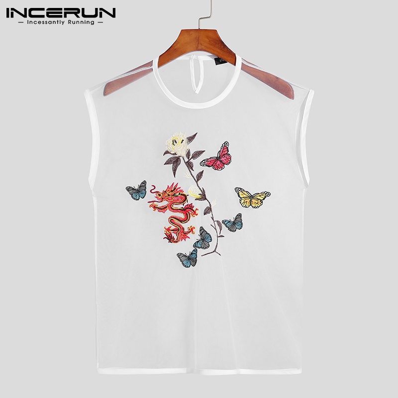 Áo kiểu ba lỗ INCERUN vải lưới xuyên thấu thêu hoa cho nam