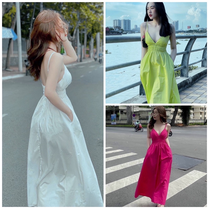 Váy 2 dây dáng dài maxi đi biển màu trắng hồng xanh
