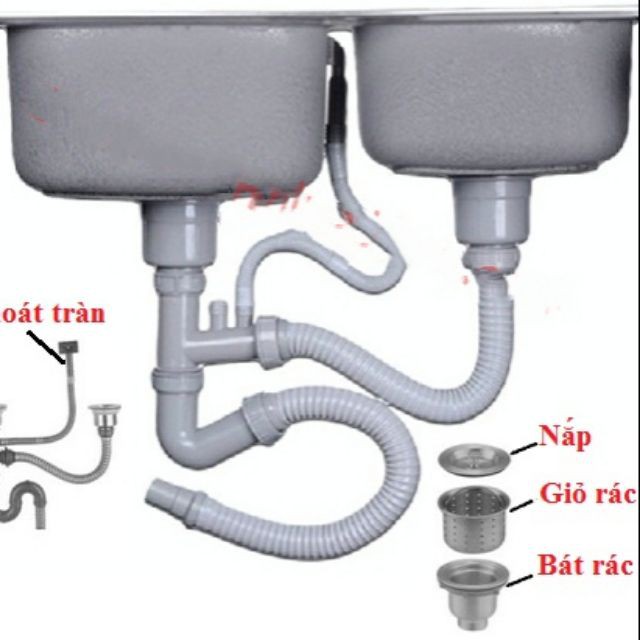 Bộ thoát nước đầy đủ cho bồn rửa chén 2 hộc, bầu lọc rác rộng 11cm - HV Store 421