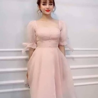 Váy thiết kế tiểu thư tay bồng buộc nơ monoco
