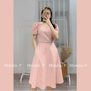 Váy Đũi Xước, Đầm nhúm vai, Đầm thời trang công sở Monsta- F