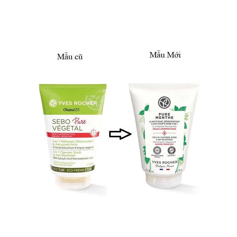 Yves Rocher Pure Menthe Gel rửa mặt cho Dầu, Mụn - Sebo Pure Vegetal 3 in 1,  125ML