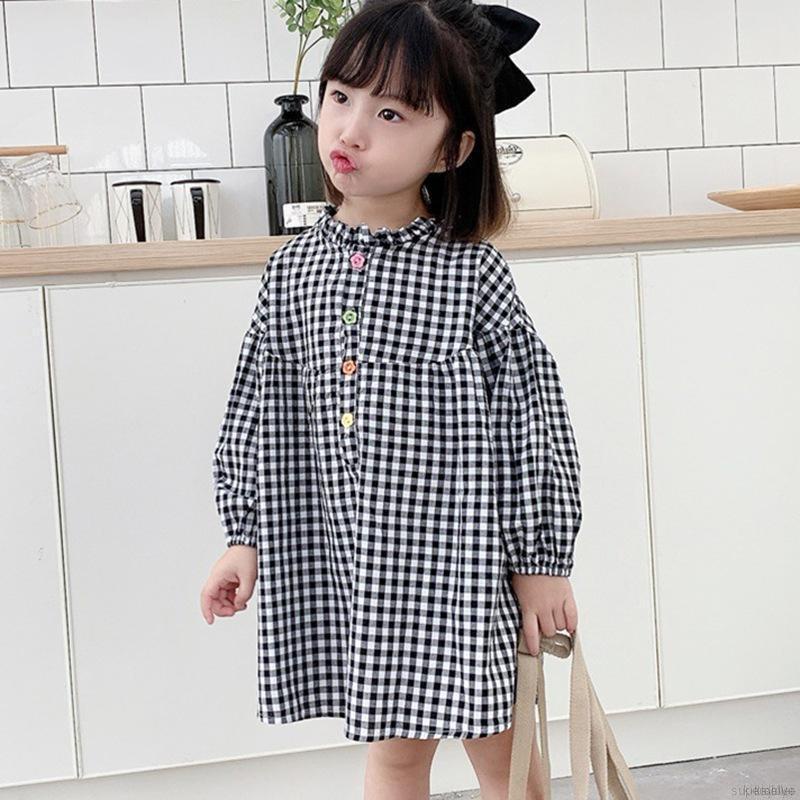 Đầm tay dài dáng rộng họa tiết sọc caro màu trắng đen phong cách phương Tây cho bé gái