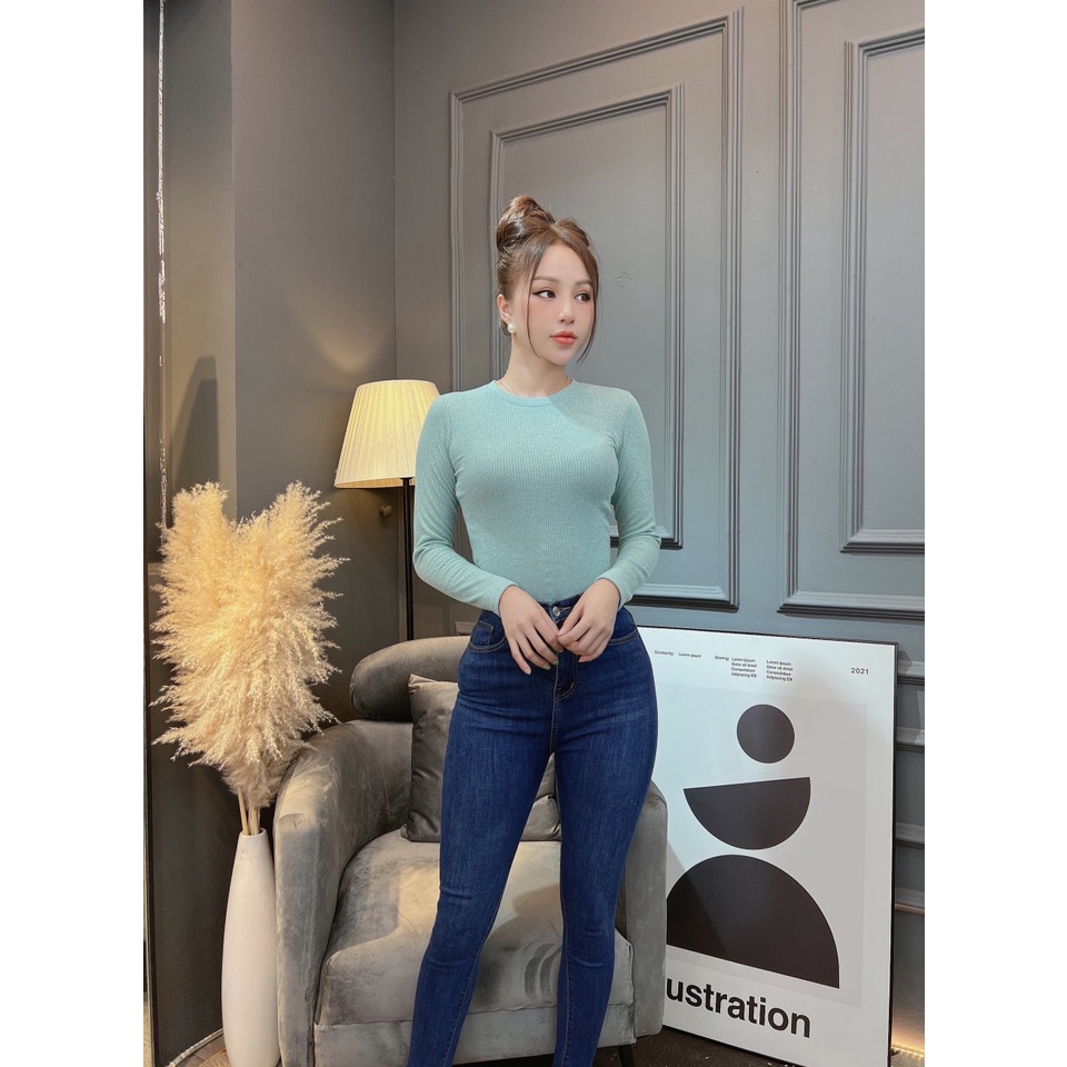 Áo thun body tay dài cổ tròn nữ CRAZYTEEN dáng dài AT0206