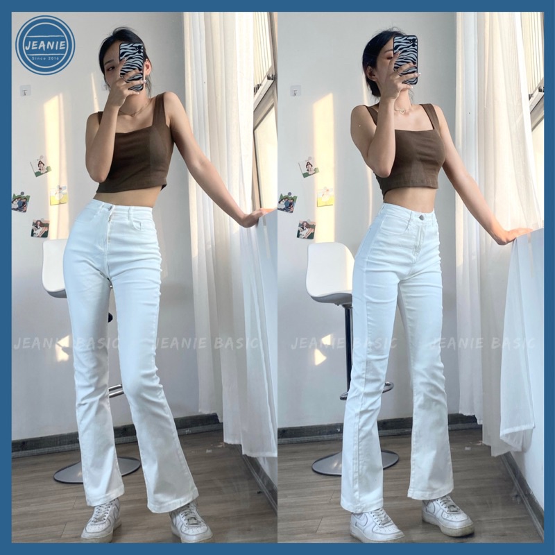 Quần jeans ống loe trắng phong cách Âu Mỹ, quần bò ống loe cạp cao