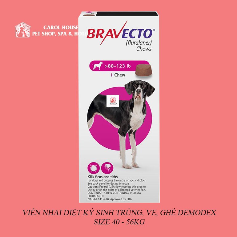 Viên Uống Bravecto - Ngăn ngừa Ve, Rận, Bọ Chét, Ghẻ Demodex An Toàn cho Cún - 40-56kg