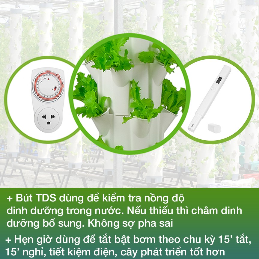 Combo 2 Trụ đứng Trồng Rau Thủy Canh kèm 2 cặp DD/Bơm/mút xốp/Hạt giống/Khay ươm