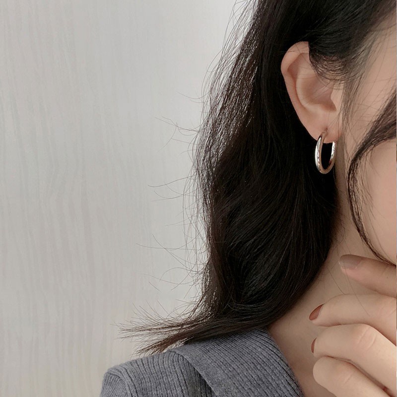 Khuyên tai mạ bạc 925 hình chữ C đơn giản phong cách hip hop Âu Mỹ