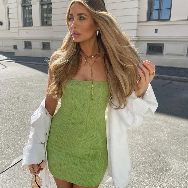 DUNEA Đầm ôm dệt kim trễ vai hoạ tiết hoa thiết kế quyến rũ