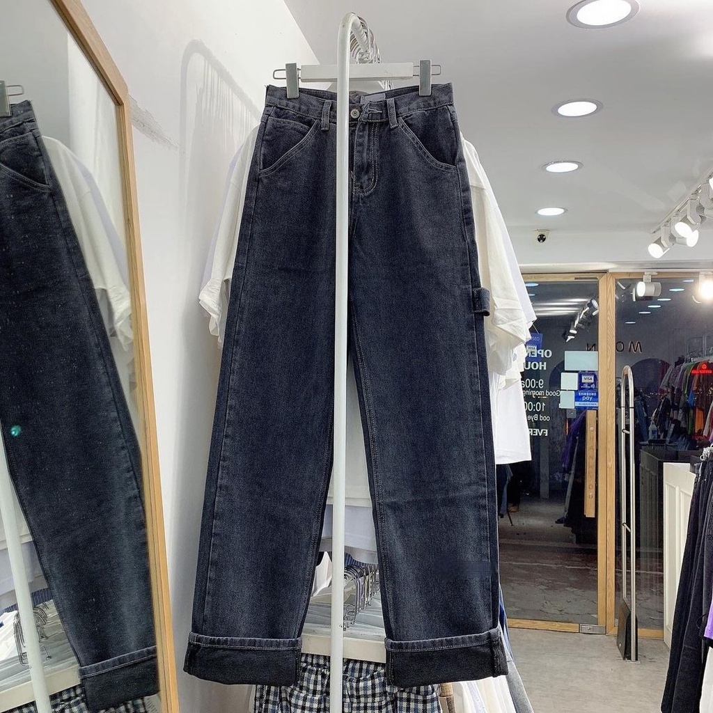 Quần Jean Nữ FU SHI JEANS Dáng Suông Ống Rộng Phối Dây Ulzzang