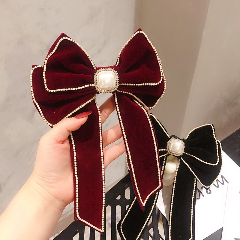 Kẹp Tóc Nơ Hai Lớp Đính Đá Và Ngọc Trai Xinh Xắn Cho Nữ