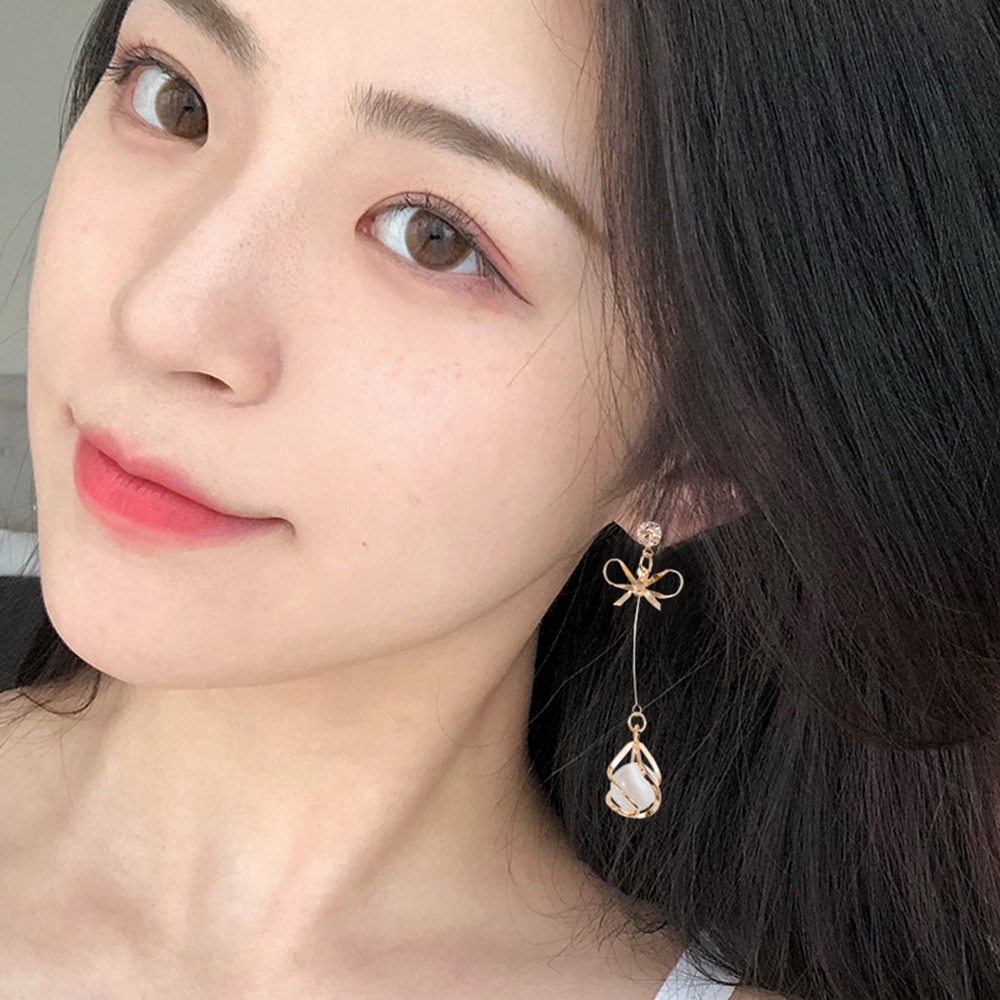 [Mã FASHIONCB7 hoàn 10K xu 50K] Bông tai dài mặt hình nơ đính đá phối hạt đá Opal trắng phong cách Hàn Quốc dành cho nữ