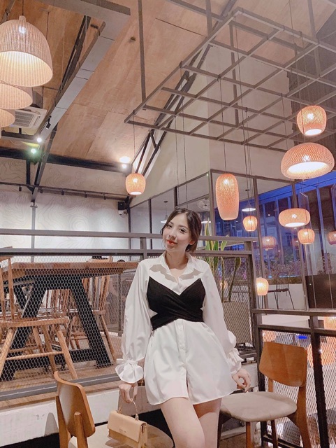 ÁO GIẤU QUẦN DOUBLE SHIRT DÁNG DÀI - ÁO SƠMI LIỀN TAY ĐẮP CHÉO CỘT NƠ ĐEN PHÍA SAU -ĐẦM ulzzang | BigBuy360 - bigbuy360.vn