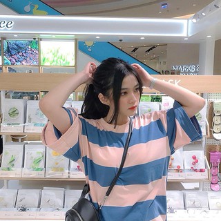  Áo thun kẻ ngang sọc hồng kiểu dáng Unisex phong cách Hàn Quốc