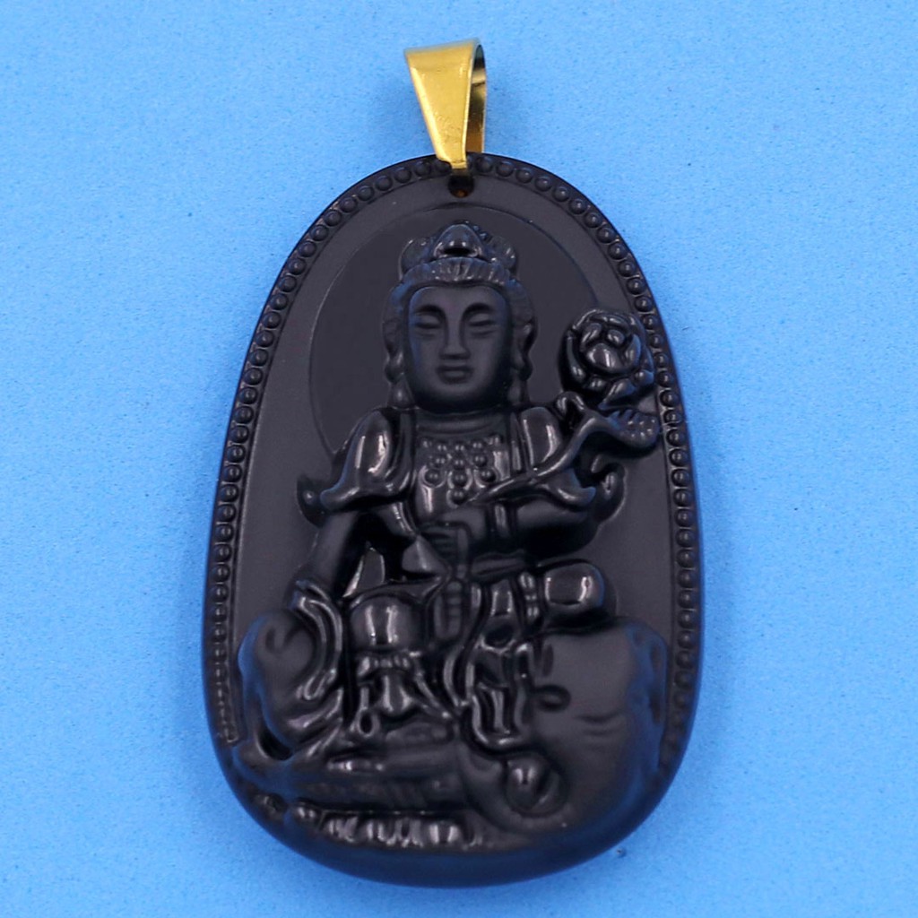 Mặt dây chuyền Bồ Tát Phổ Hiền đá tự nhiên đen 5cm - Phật bản mệnh tuổi Thìn, Tỵ - Mặt size lớn - Tặng kèm móc inox
