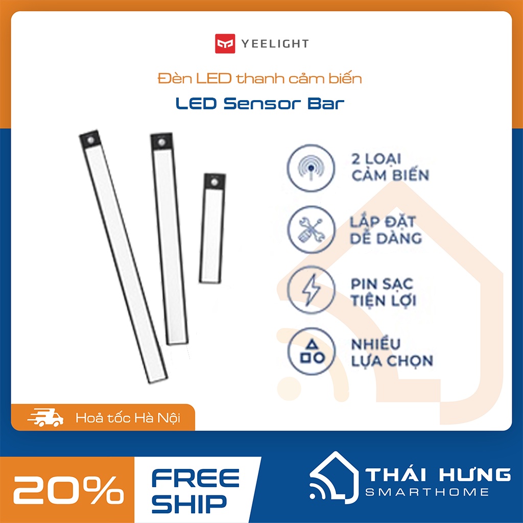 [Hỏa tốc HN] Bản quốc tế -  Đèn led thanh cảm biến tích điện Yeelight, 20-40-60cm, pin sạc type C, có 3 mưc sáng