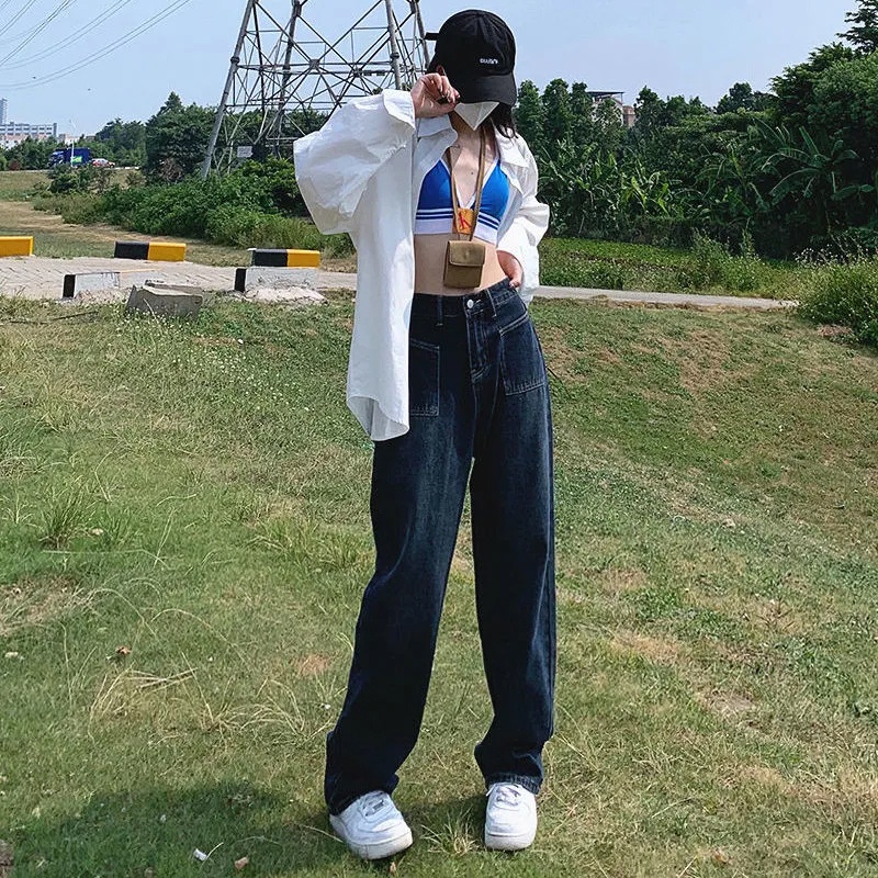 Quần Jean Dài Lưng Cao Ống Rộng Thiết Kế Mới Thời Trang Mùa Thu Dành Cho Nữ