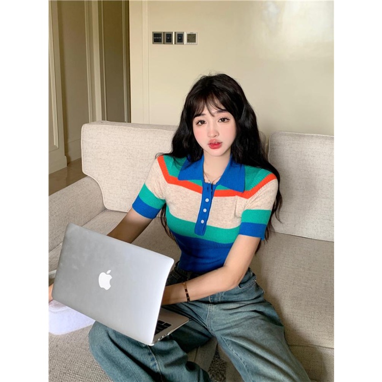 Cocory vn Áo Croptop Dệt Kim Tay Ngắn Cổ Polo Họa Tiết Kẻ Sọc Thời Trang Quyến Rũ Cho Nữ