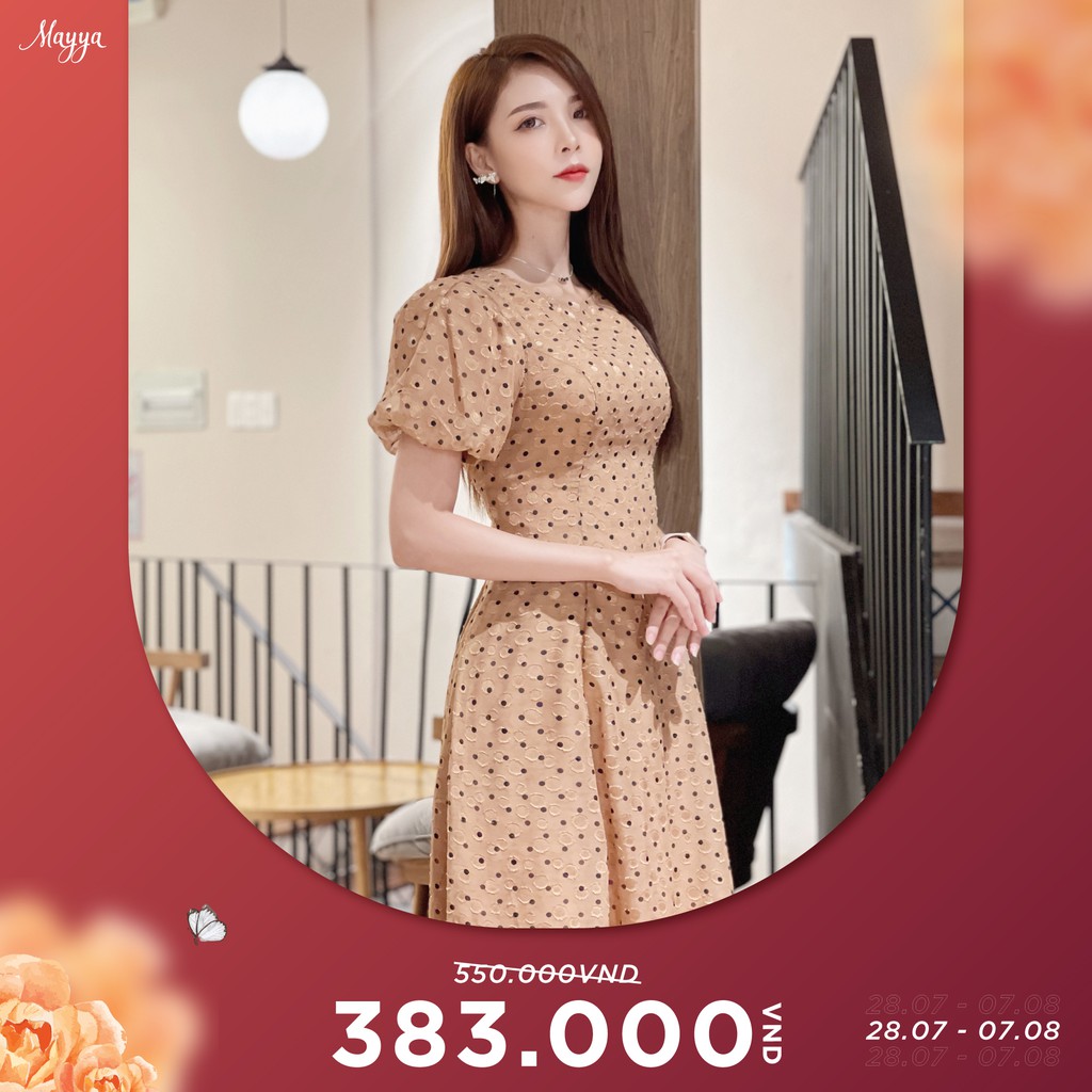 MAYYA Váy Chấm Bi Nâu Chất Tằm Nổi Giá Siêu Ưu Đãi