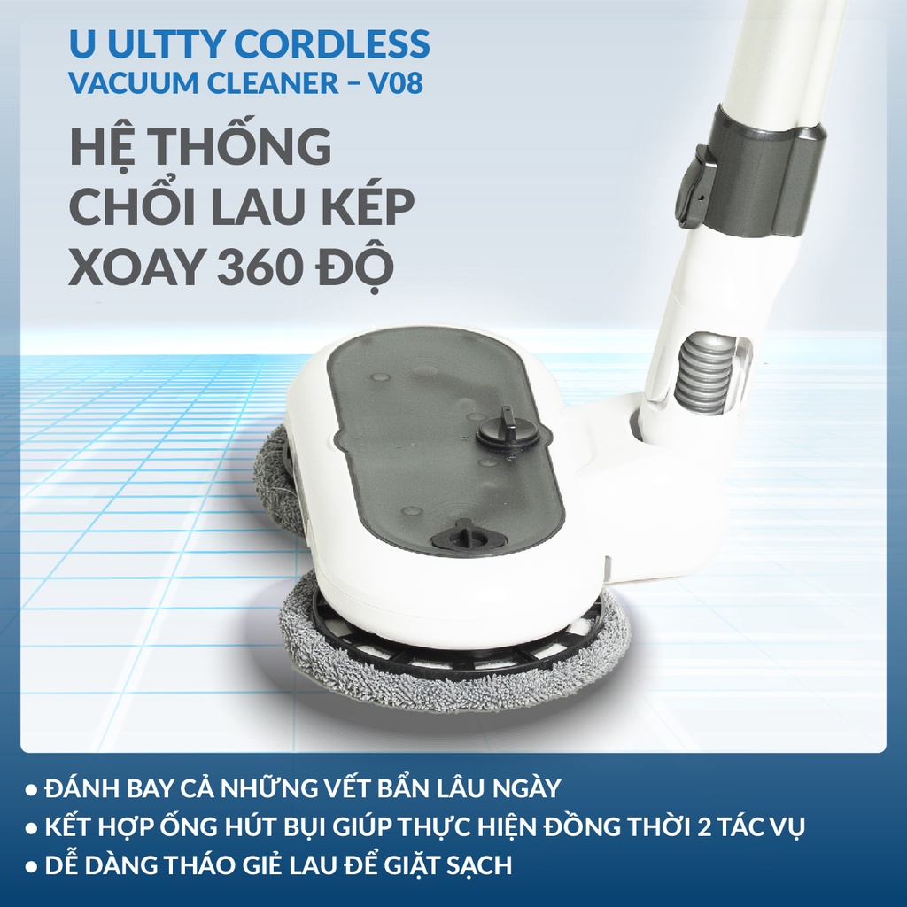 Máy hút bụi lau nhà cầm tay không dây Ultty V08 Pháp - Lực hút 24000 pascal - Hàng chính hãng BH 24 tháng - Befoyo