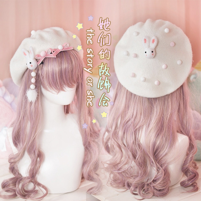 Mũ beret len lông thỏ phong cách lolita nhật bản xinh xắn