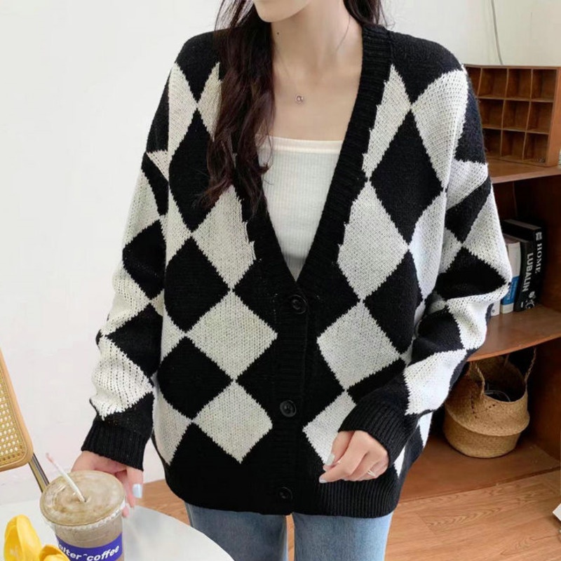 Áo Sweater Tay Dài Họa Tiết Hình Thoi Màu Sắc Tương Phản Phong Cách Hàn Quốc 198524 Áo Khoác Dệt Kim Dáng Rộng Thời Trang Retro Mùa Thu