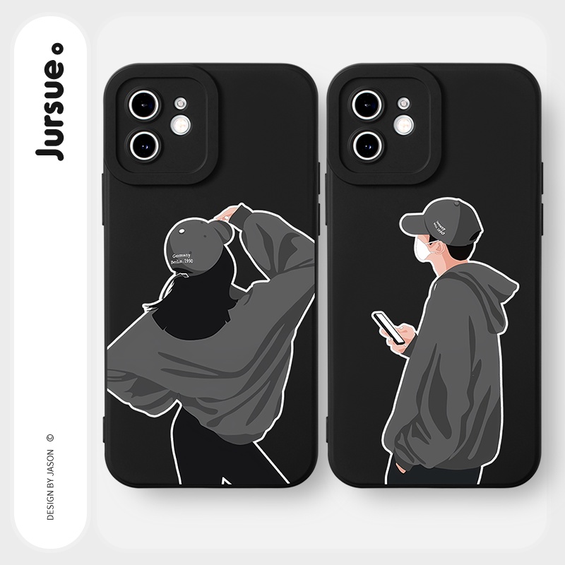 Ốp lưng JURSUE mềm hoạt hình cặp đôi dễ thương đẹp đen Cho iPhone 14 13 12 11 Pro Max SE 2020 X XR XS 8 7 ip 6S 6 Plus Y2354