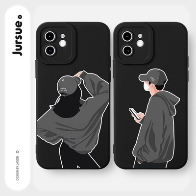 Ốp lưng JURSUE mềm hoạt hình cặp đôi dễ thương đẹp đen Cho iPhone 16 15 14 13 12 11 Pro Max SE 2020 X XR XS ip 8 7 Plus Y2354