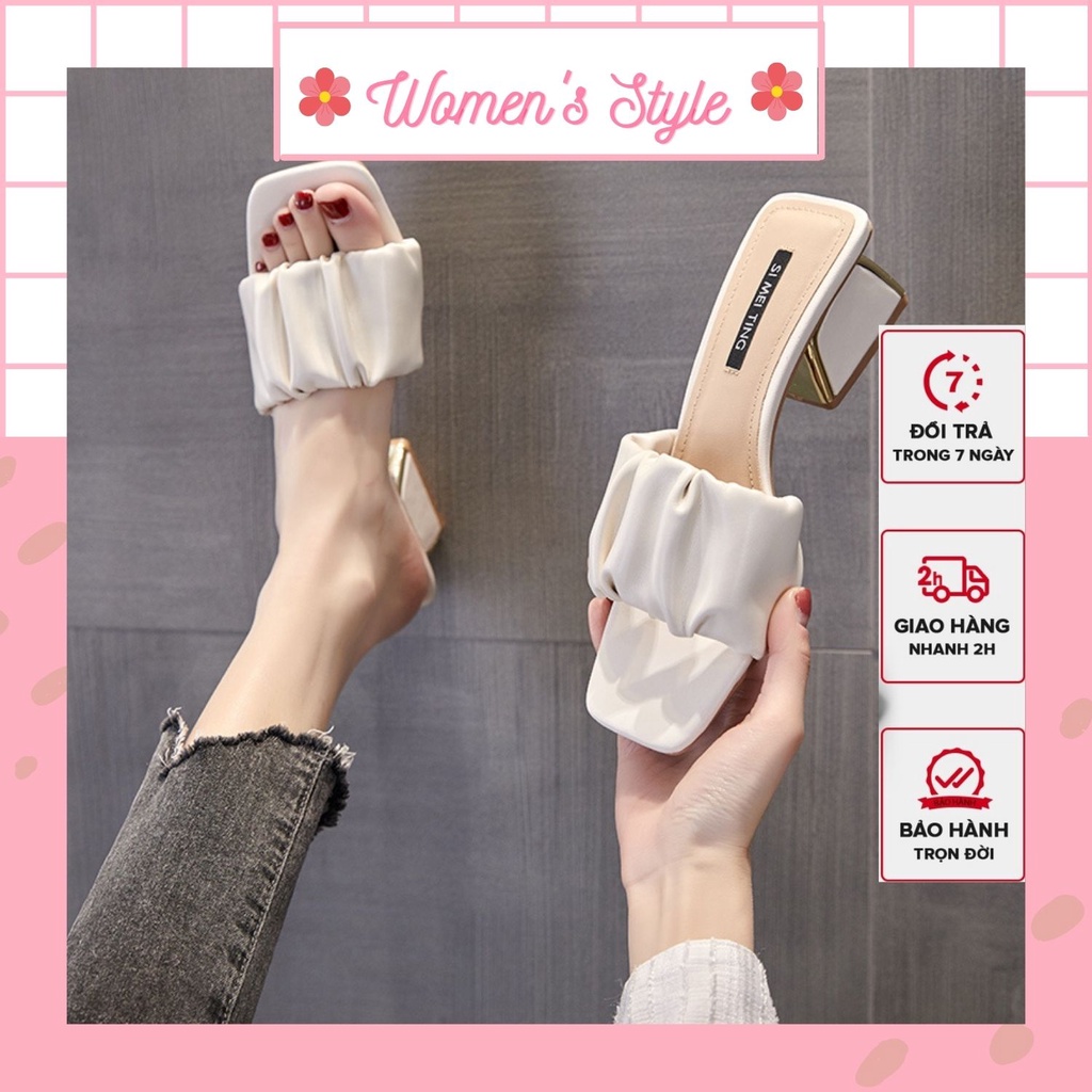 Giày cao gót nữ 5P đế vuông siêu hot quai nhún bèo 3 màu trắng, đen, kem thời trang, Guốc cao gót giá rẻ