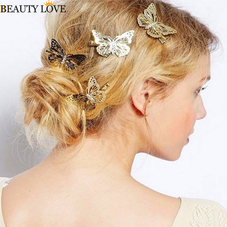 Kẹp Tóc Hình Bướm 3D Bằng Kim Loại Mạ Vàng Phong Cách Vintage Dễ Thương Cho Nữ