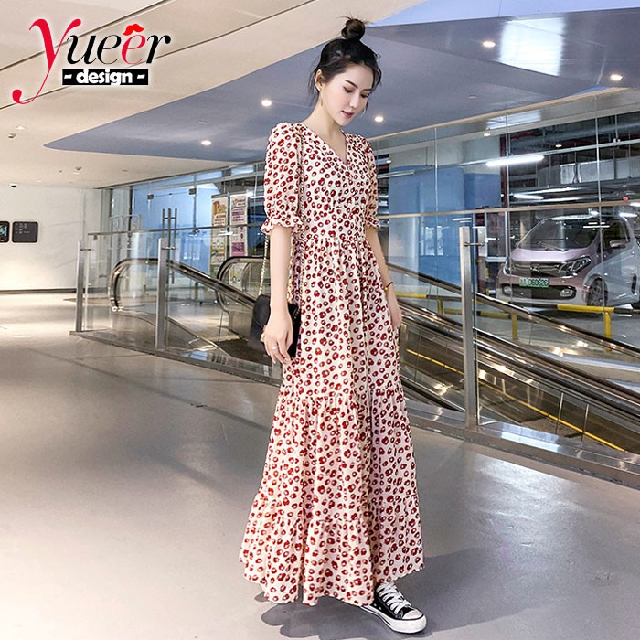 Đầm Voan Hoa Tay Ngắn Cổ Chữ V Size S-2xl