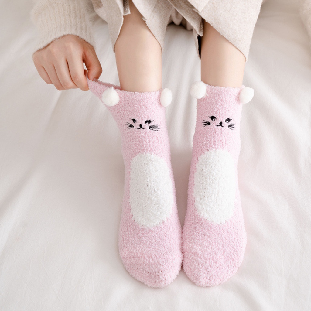 1 Đôi Tất Ngủ Lông Cừu San Hô Dày In Hoạt Hình 3D Dễ Thương Thời Trang Mùa Đông Cho Phòng Ngủ