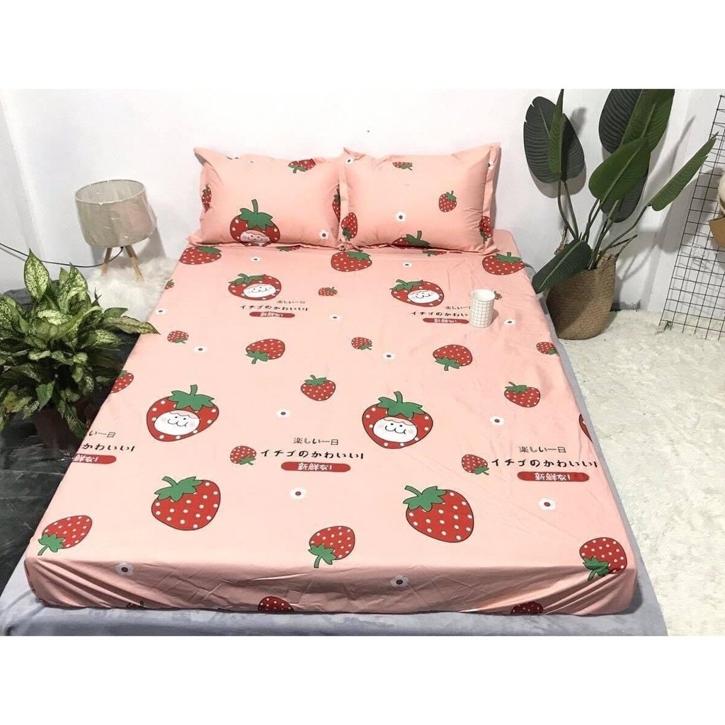 Bộ ga gối poly cotton loại đẹp mẫu Dâu Nhật, drap giường bo chun bọc nệm  giá rẻ