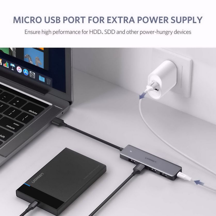 Hub USB 3.0 4 cổng hỗ trợ cấp nguồn Micro USB cao cấp Ugreen 50985 - Hàng chính hãng