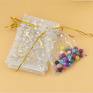 Túi vải voan thơm handmade kích thước 9x12cm họa tiết trăng sao nhũ vàng có dây rút - midori