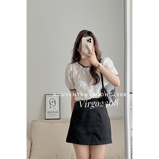 [HÀNG SẴN]ÁO REN HOA CỔ TRÒN VIỀN ĐEN “ALI TOP” siêu xinh