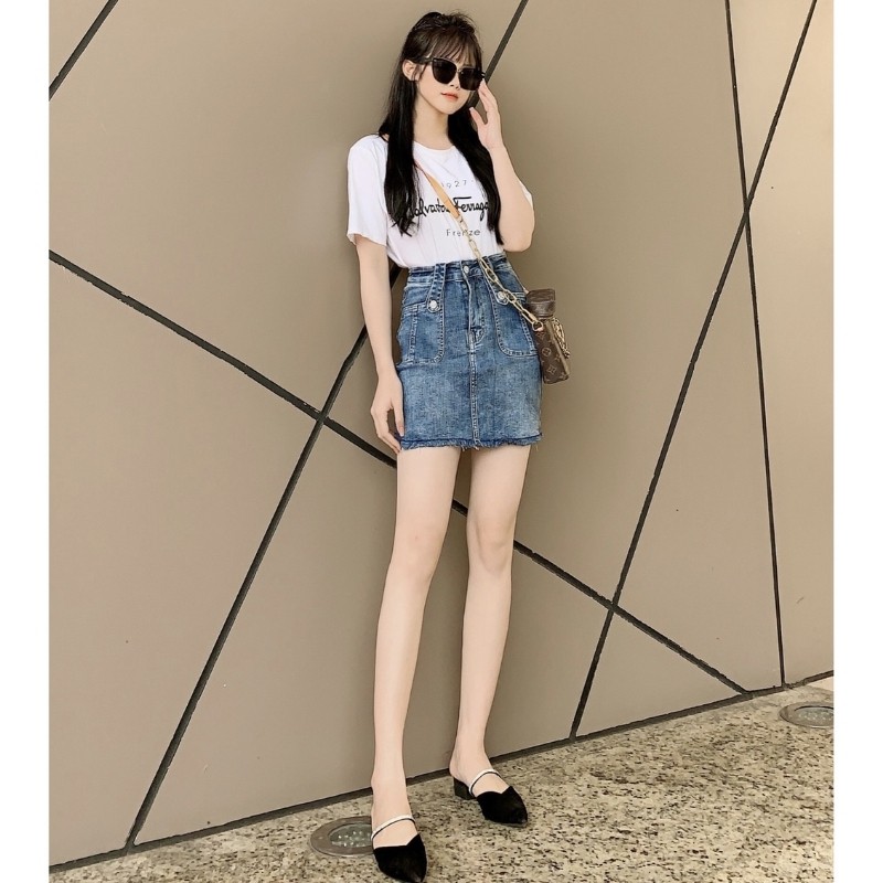 Chân váy jean chữ a ngắn phong cách Hàn Quốc gợi cảm trẻ trung cao cấp co giãn tốt RUBIE JEANS