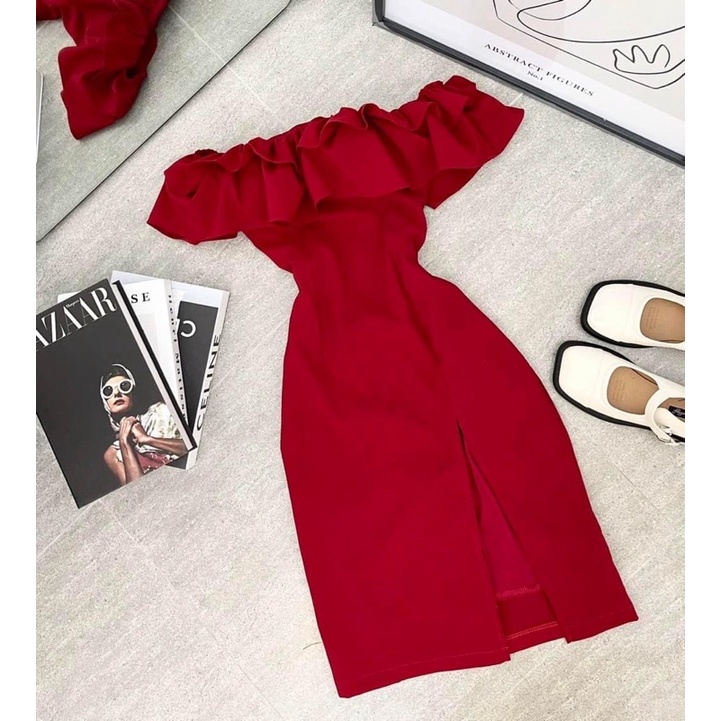 Đầm body đỏ bẹt vai xẻ đùi khoe dáng quyến rũ dự tiệc hay đi chơi noel đẹp xuất sắc