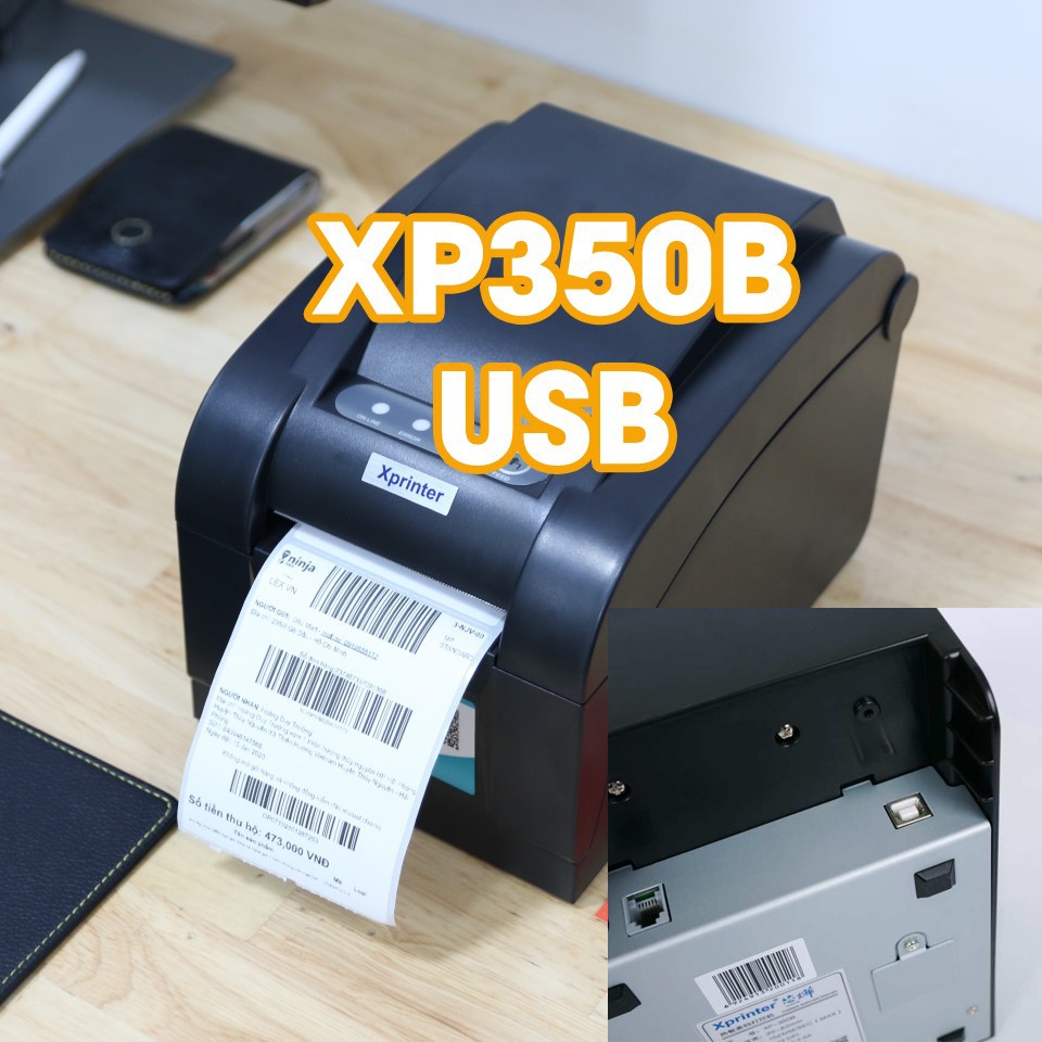 Máy in dPos Xprinter XP350B USB in tem nhãn mã vạch Minicode và đơn hàng tem phiếu vận