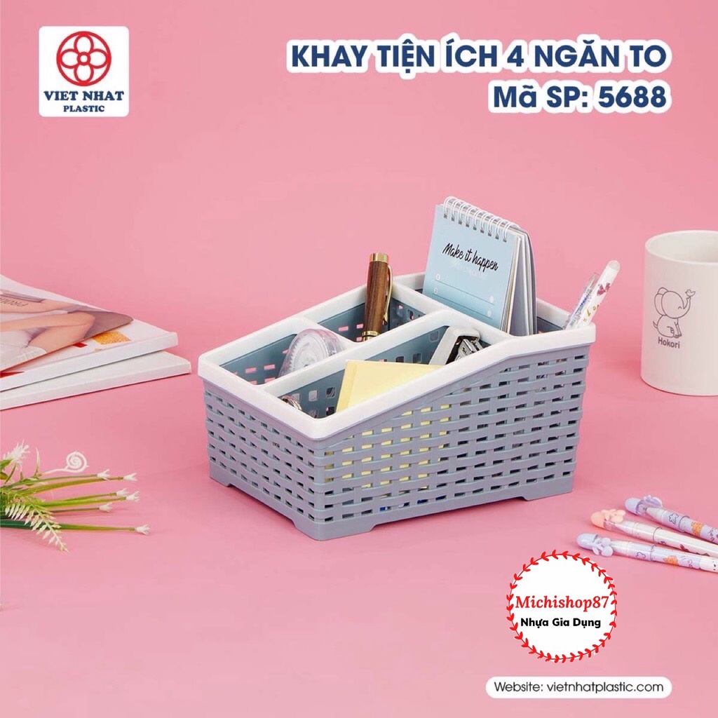 Khay Nhựa Tiện Ích 4 Ngăn Việt Nhật 2 Size Đê Bàn - Khay 4 Ngăn Đựng Mỹ Phẩm, Đồ Dùng Học Tâp, Điều Khiển Ti Vi Tiện Lợi