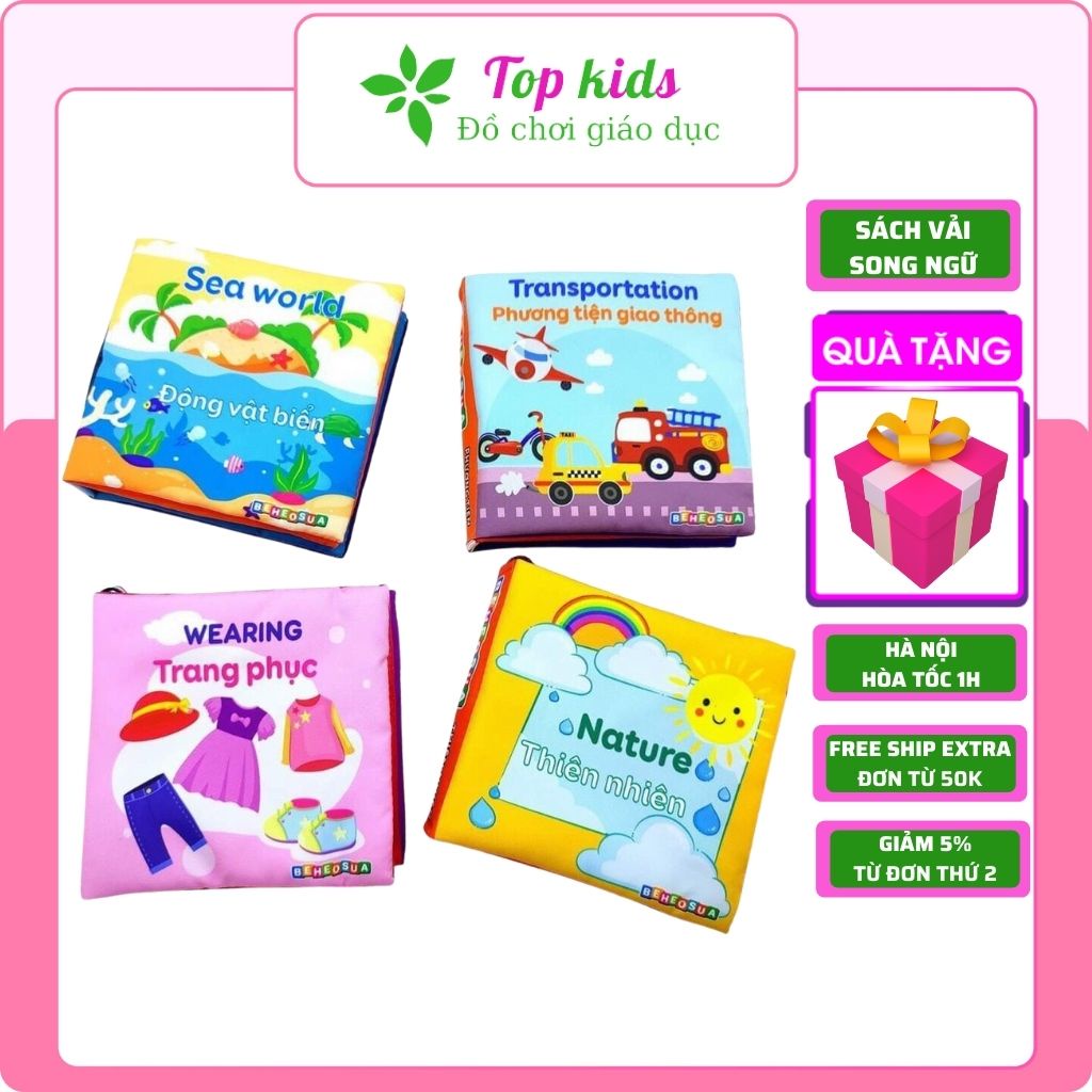 Sách vải cho bé sơ sinh kích thích thị giác đa giác quan học liệu montessori song ngữ đồ chơi thông minh cho trẻ TOPKIDS